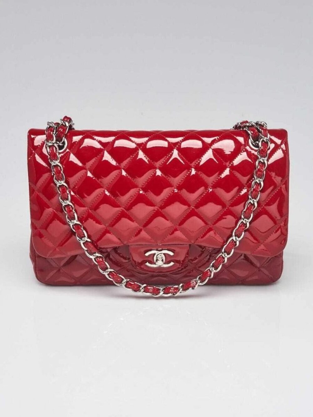 Chanel Red Quilted Patent Leather Classic Jumbo Double Flap Bag